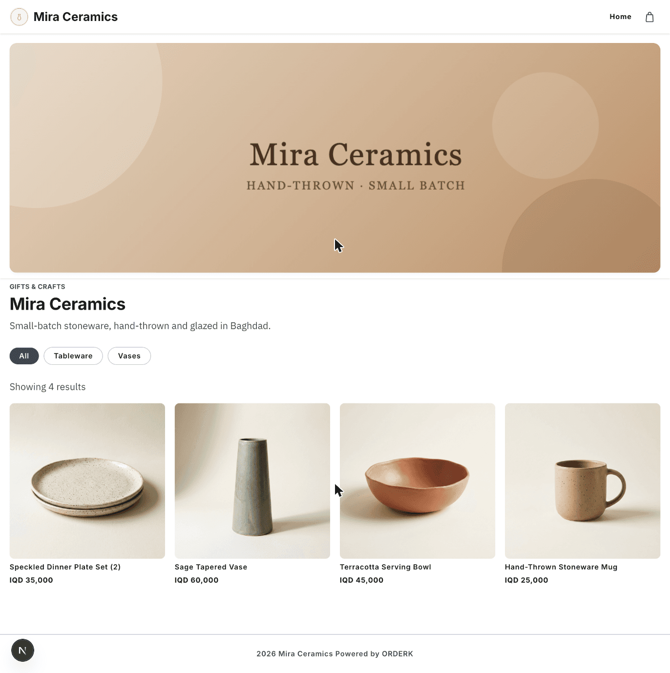 متجر Mira Ceramics الإلكتروني المبني على ORDERK، يعرض كتالوج منتجات خزفية يدوية مع الأسعار